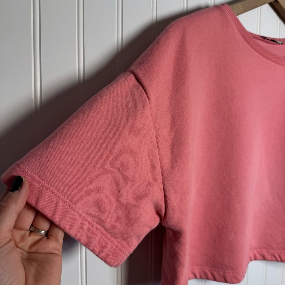 ZARA Bubble Gum Pink Cropped Short Sleeve Sweater Women’s Size Medium - Picture 2 of 9